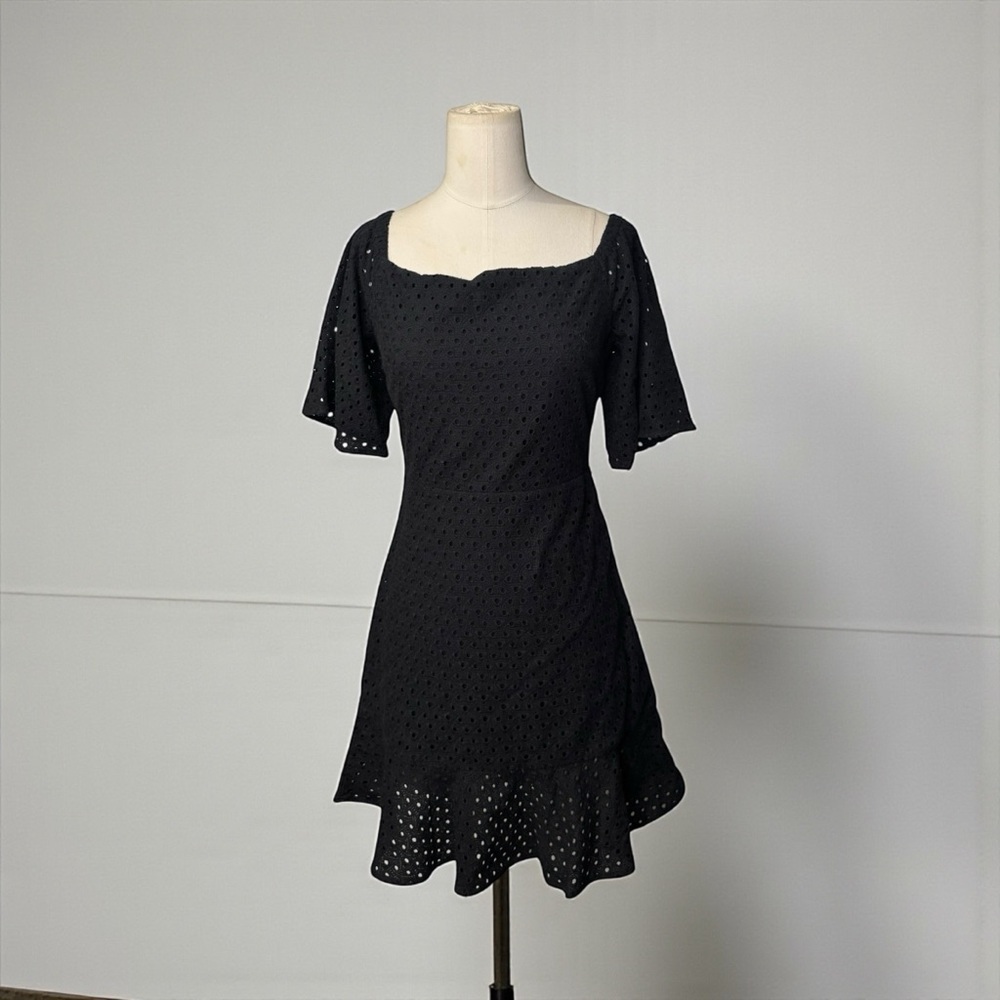 Line & Dot Black Eyelet Mini Dress | Square Neck Fit & Flare | Size Medium